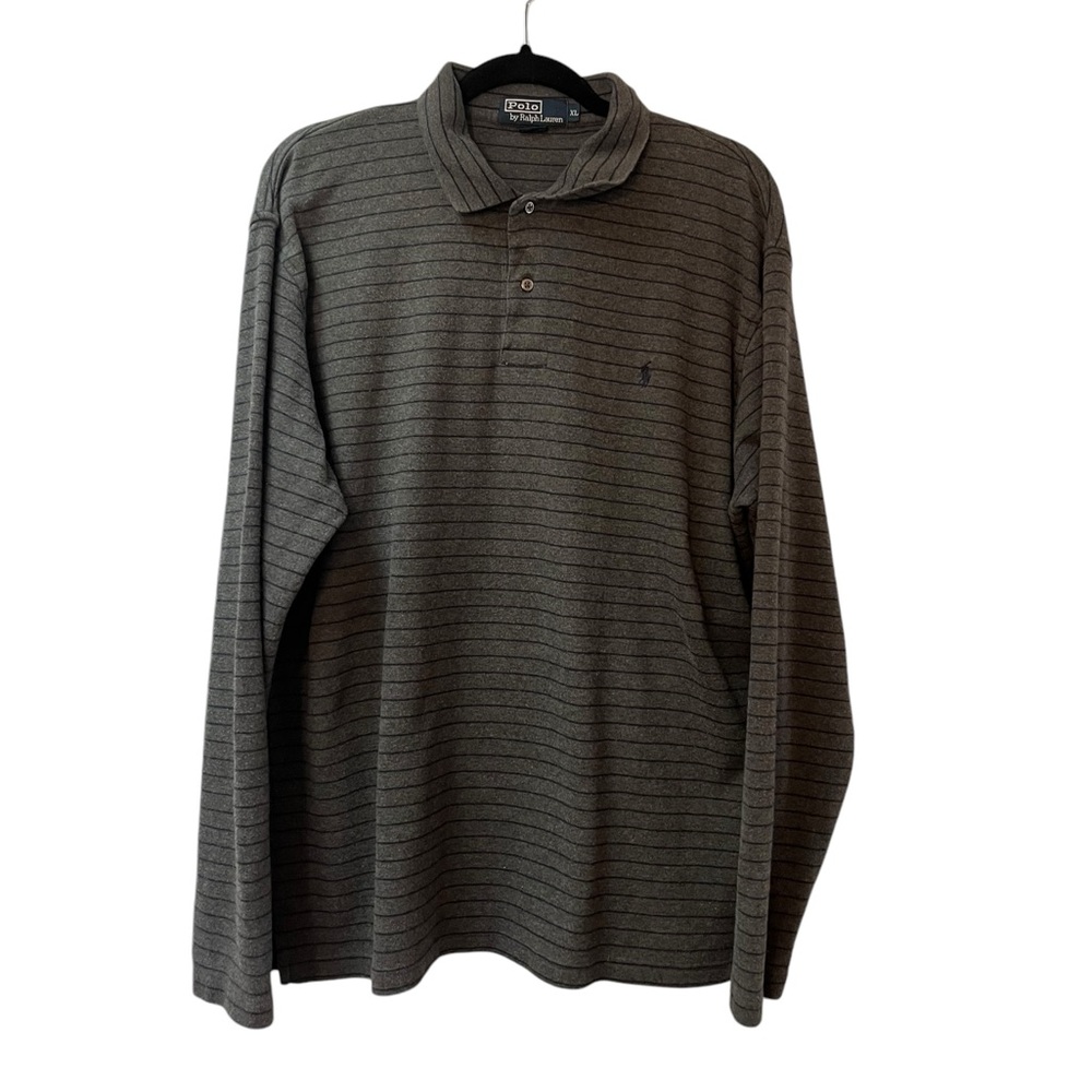 Men's Polo by Ralph Lauren Gray Blue Stripe Long Sleeve Polo Top
Size: XL